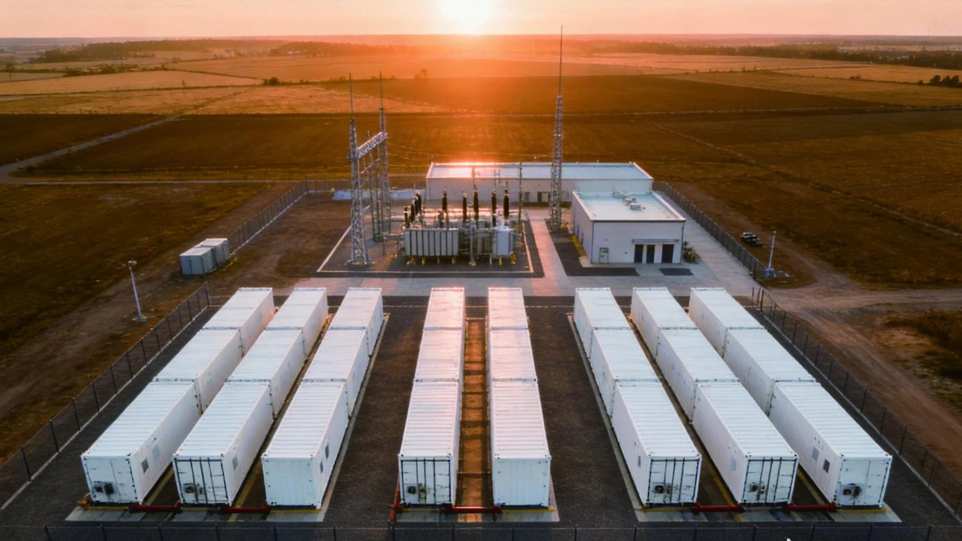 Utility-scale battery storage installation at sunset
